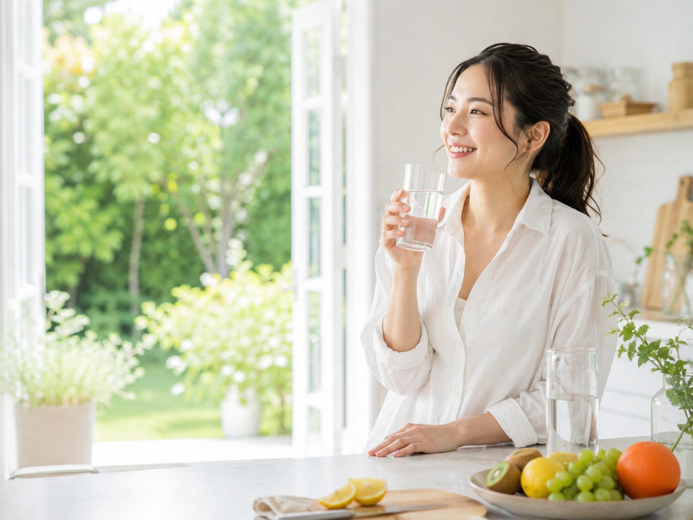 A woman in a white shirt smiling as she drinks a glass of water at a bright kitchen counter with fresh fruit.