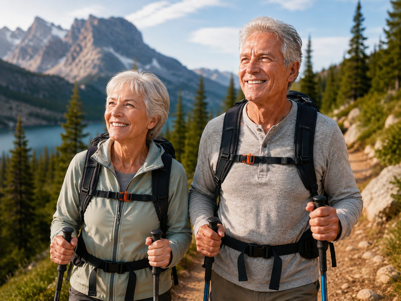 A silver-haired couple with backpacks and trekking poles smiling on a mountain trail above an alpine lake.