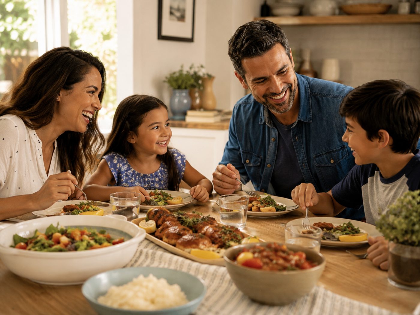 A family of four sharing a home-cooked dinner of roast chicken, salad, and rice at a wooden table.