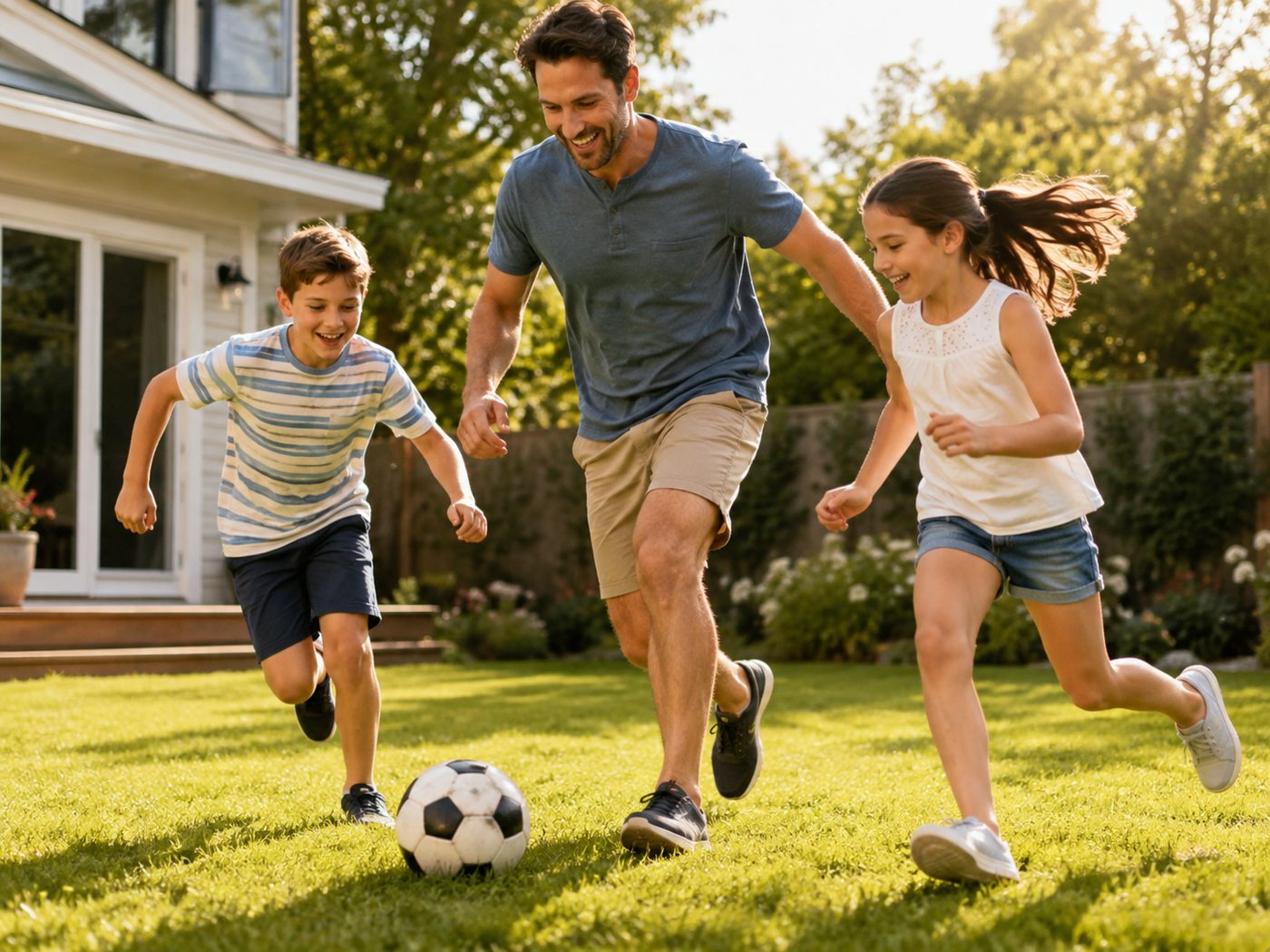 A father and two children chasing a soccer ball across a backyard lawn in evening light.