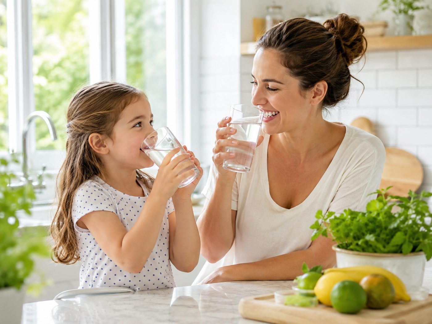 A mother and young daughter drinking glasses of water together at a sunlit kitchen counter.